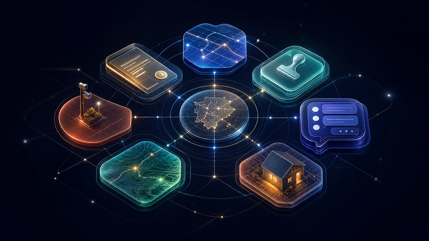A luminous abstract constellation representing seven AI platforms connected around civic operations
