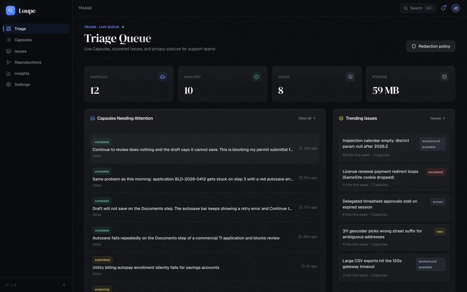 AgentQA triage console with live Capsules, clustered Issues, and trending workarounds
