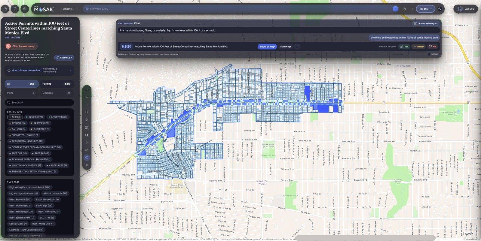 MOSAIC resolving a natural-language permit query on the live city map